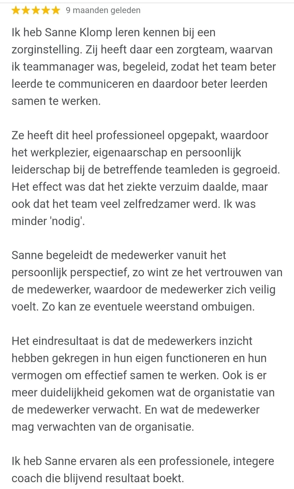 Reactie van een deelnemer aan teamcoaching